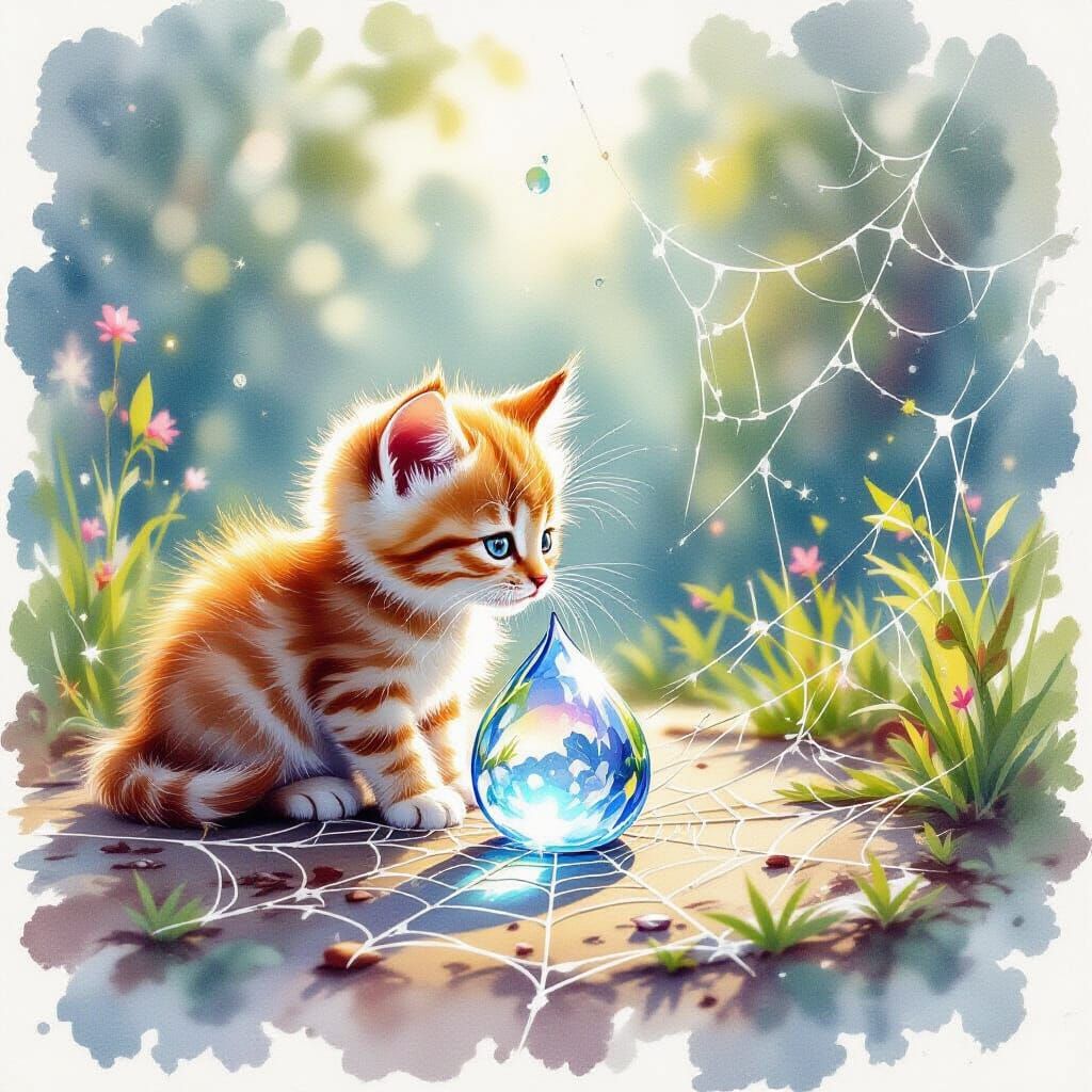 Kitten Finds Otherworldly Portal in Dewdrop