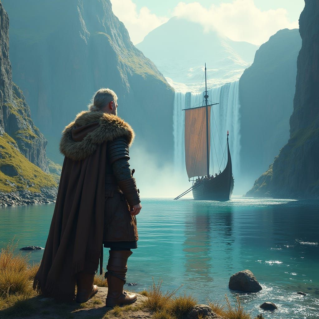 Viking Explorer at Mystical Fjord, Hyper-Detailed Matte Pain...