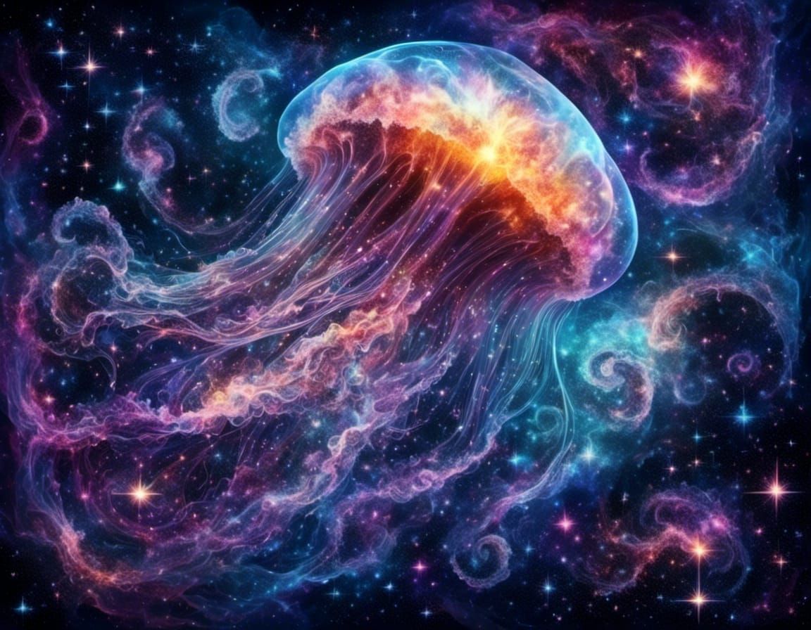 Crystalline Jellyfish Drifting Through Starry Nebula