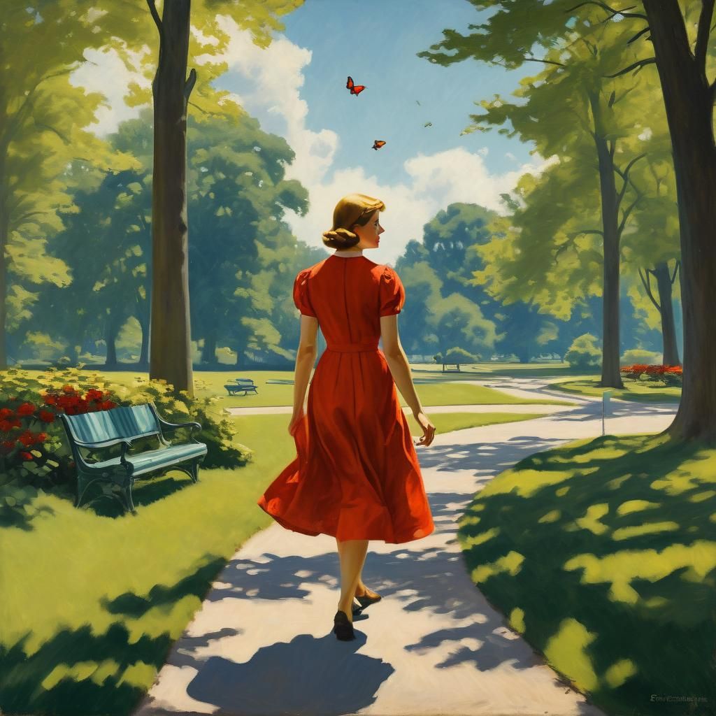 Woman in Red Dress: A Neorealistic Park Scene