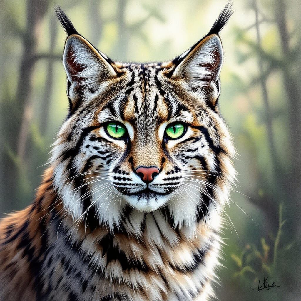 Detailed Pencil Sketch of a Bobcat with Green Eyes