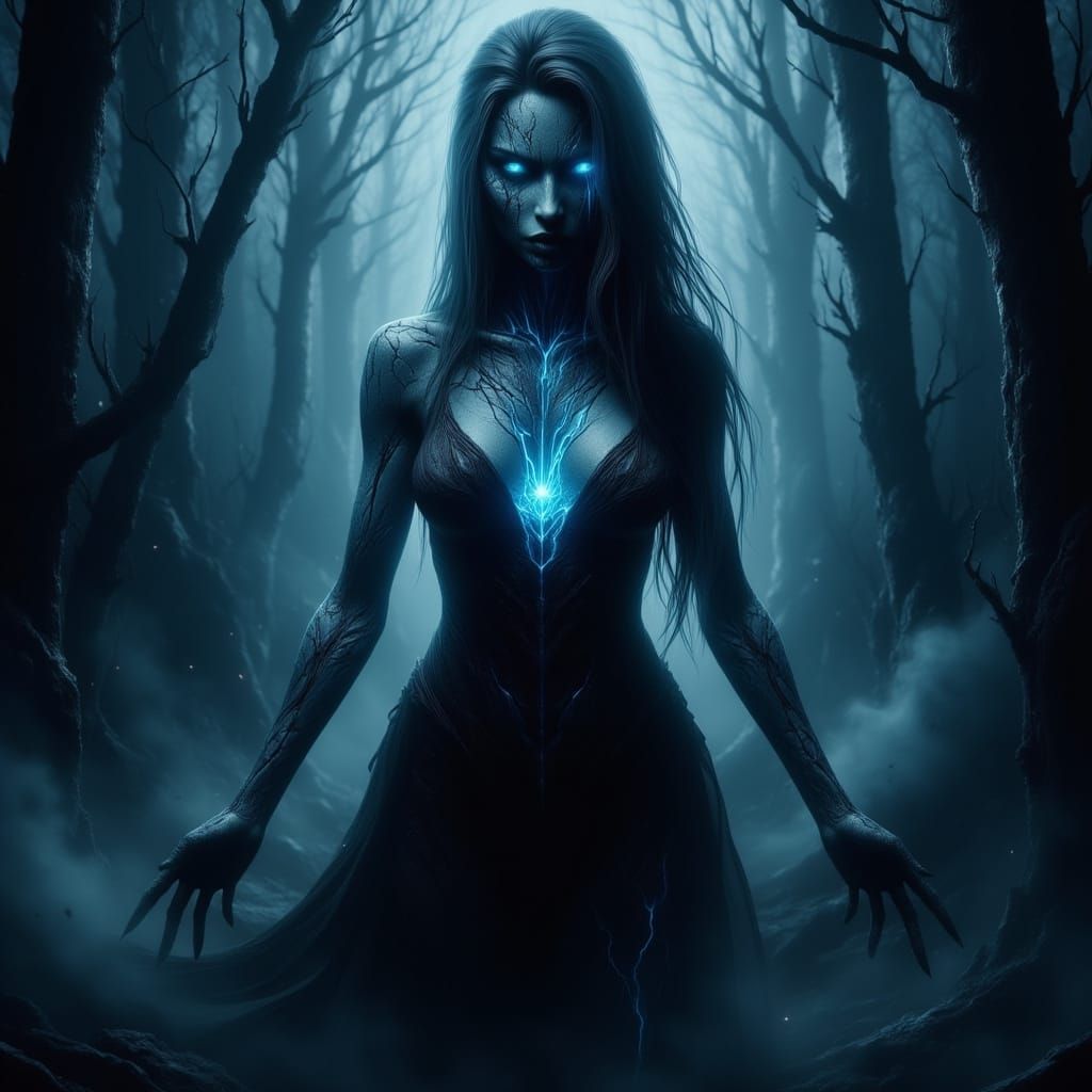 Terrifying Female Ghost with Glowing Eyes in Misty Forest