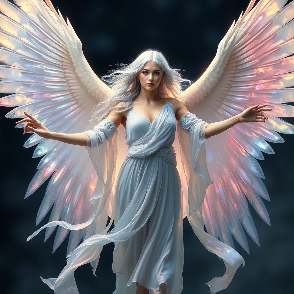 Mystical Woman with Shimmering, Morphing Wings in a Dreamlik...
