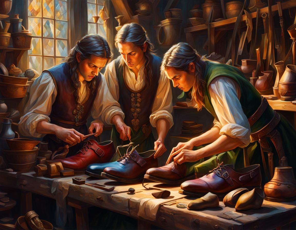 Elves Repairing Shoes in Workshop: Hyperrealistic Art