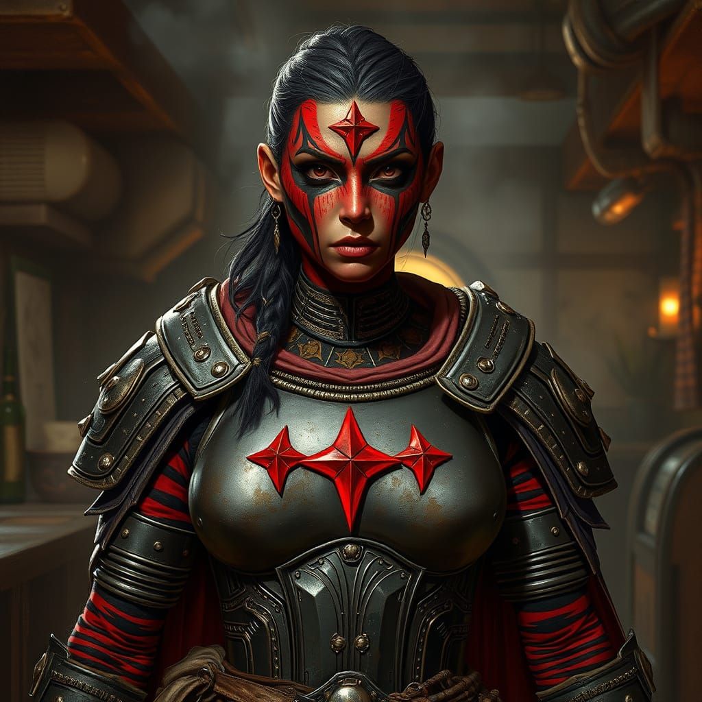 Gritty Zabrak Warrior Stands Tall in Dimly Lit Cantina