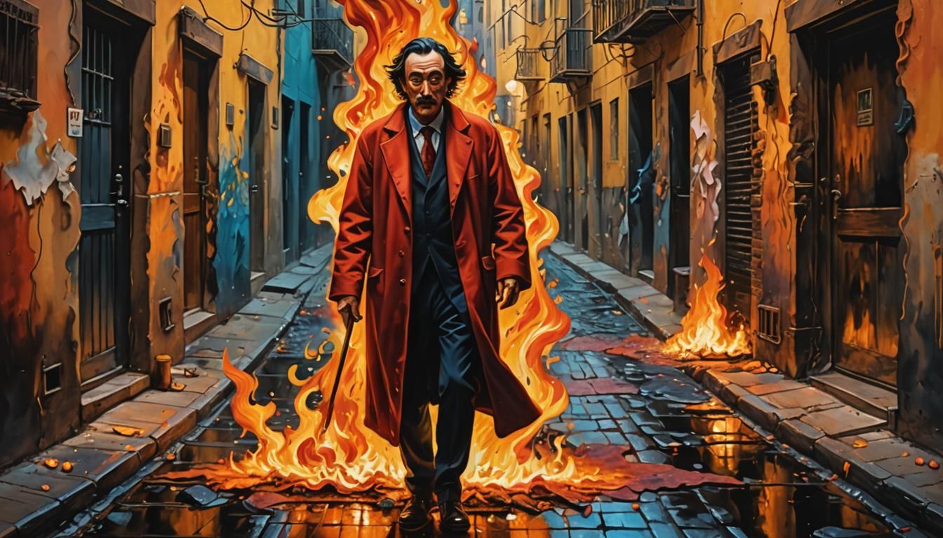 Person in Flames: Oil Painting in Dali Style
