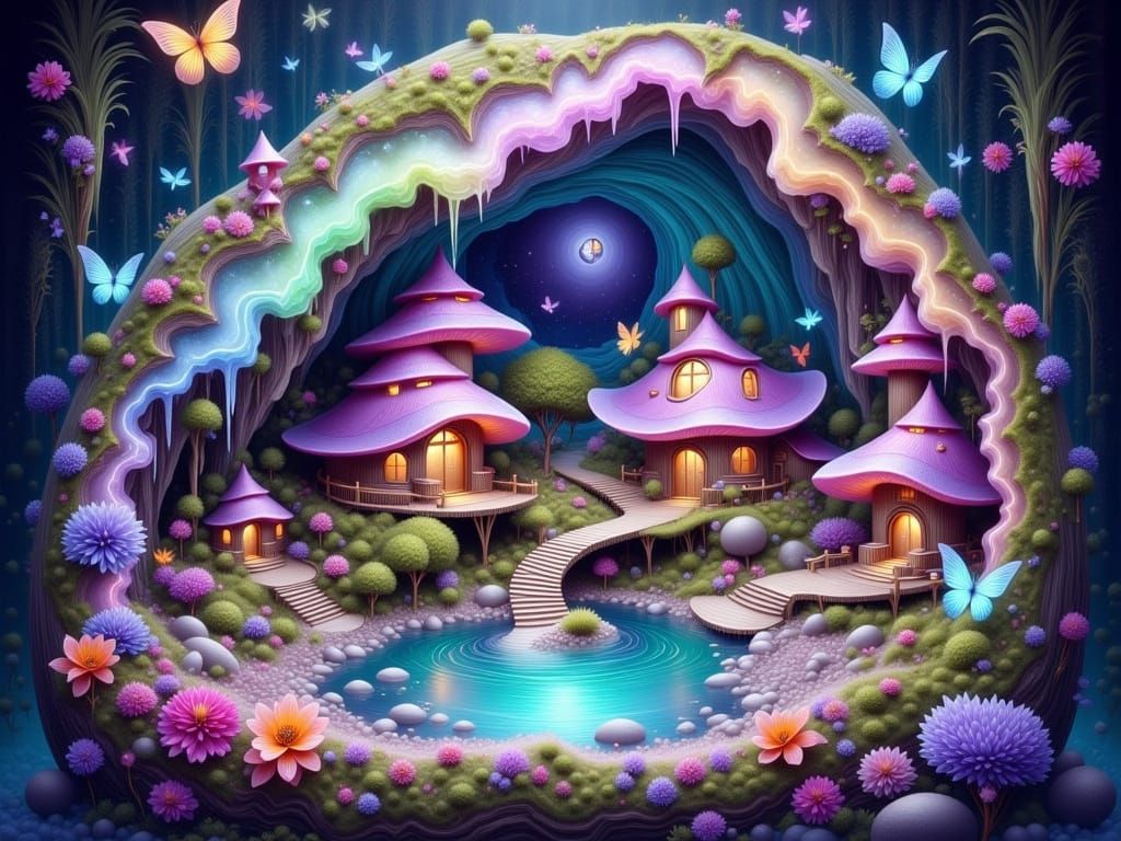 Surreal Geode Village with Whimsical Fairy Homes and Glowing...