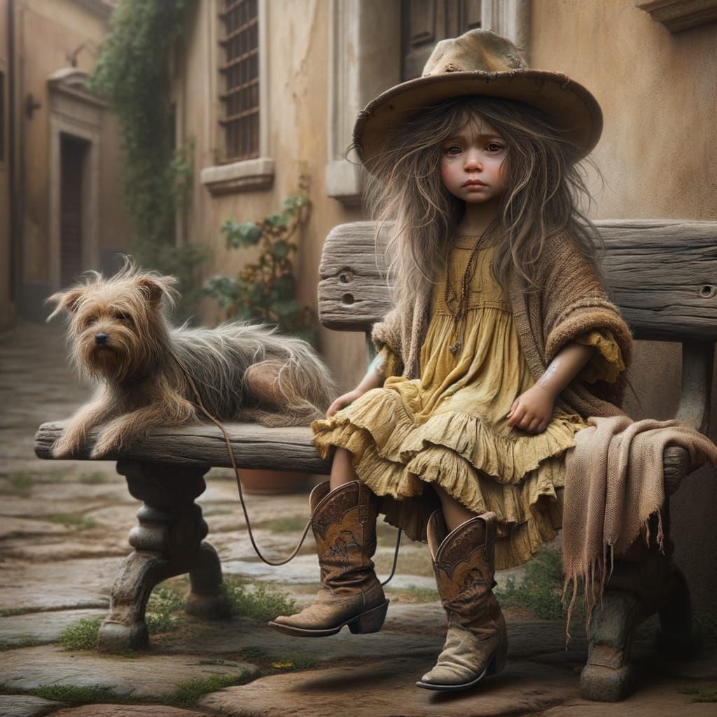 Charming Girl with Dog in Italian Village, as Oil Painting