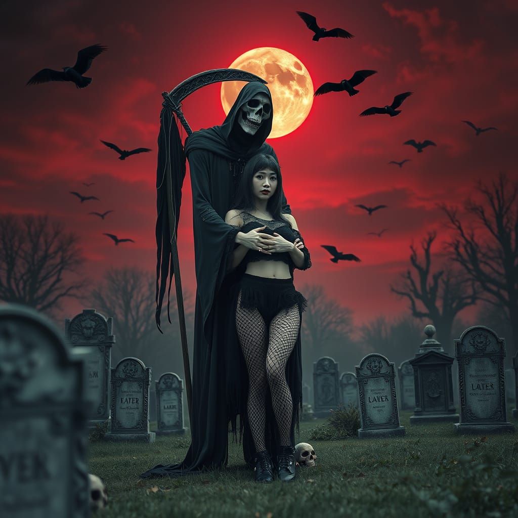 Ethereal Reaper and Goth Woman in a Dark, Haunting Cemetery ...