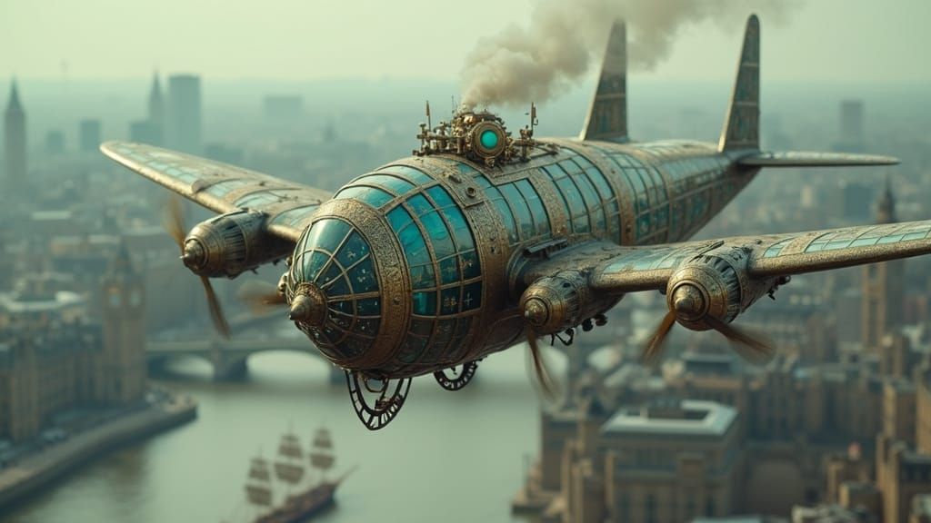 Steampunk Dog-Shaped Airplane Over Victorian London