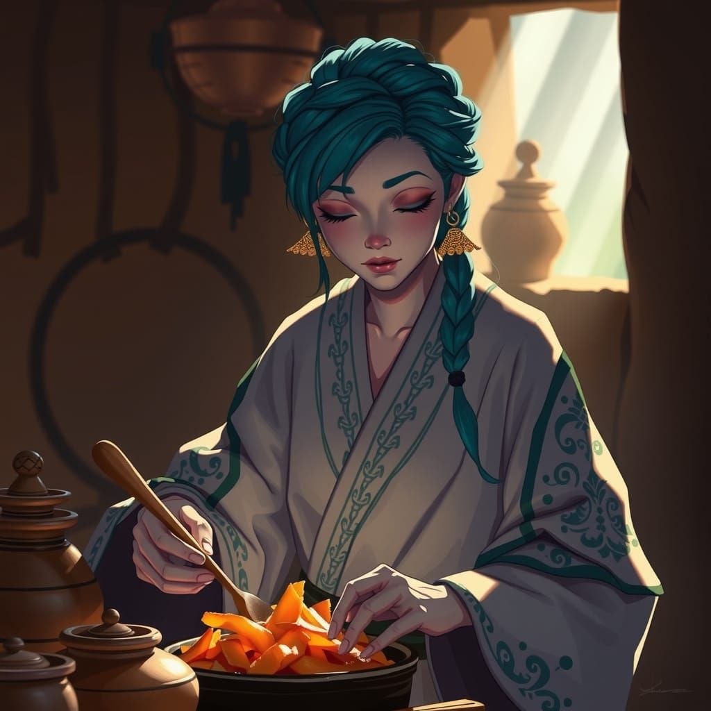 Mesotopian Woman Prepares Dinner in Manga Scan Style