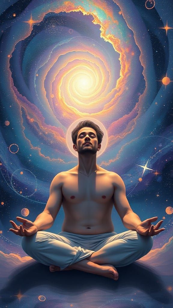 A Man in Serene Meditation with the Universe's Secrets