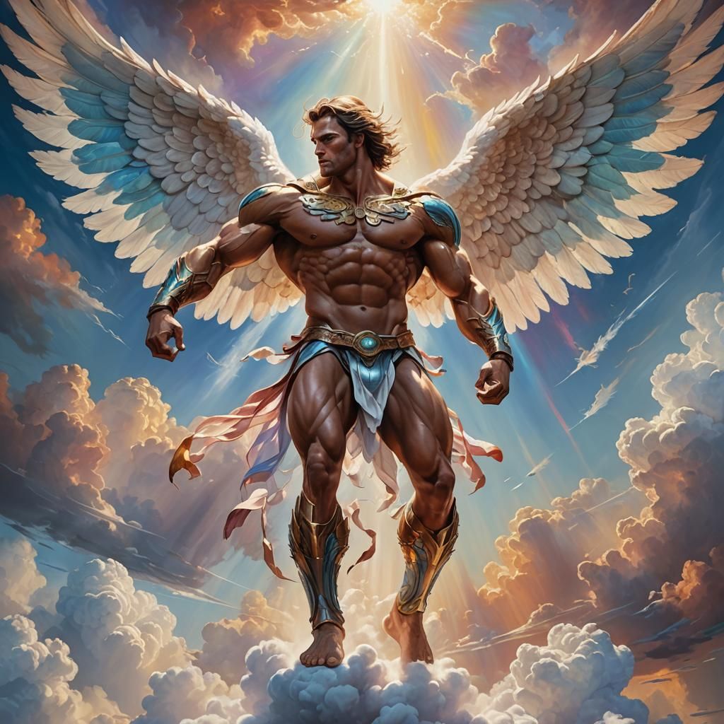 Muscular Angel Ascending to Heaven in Oil Painting