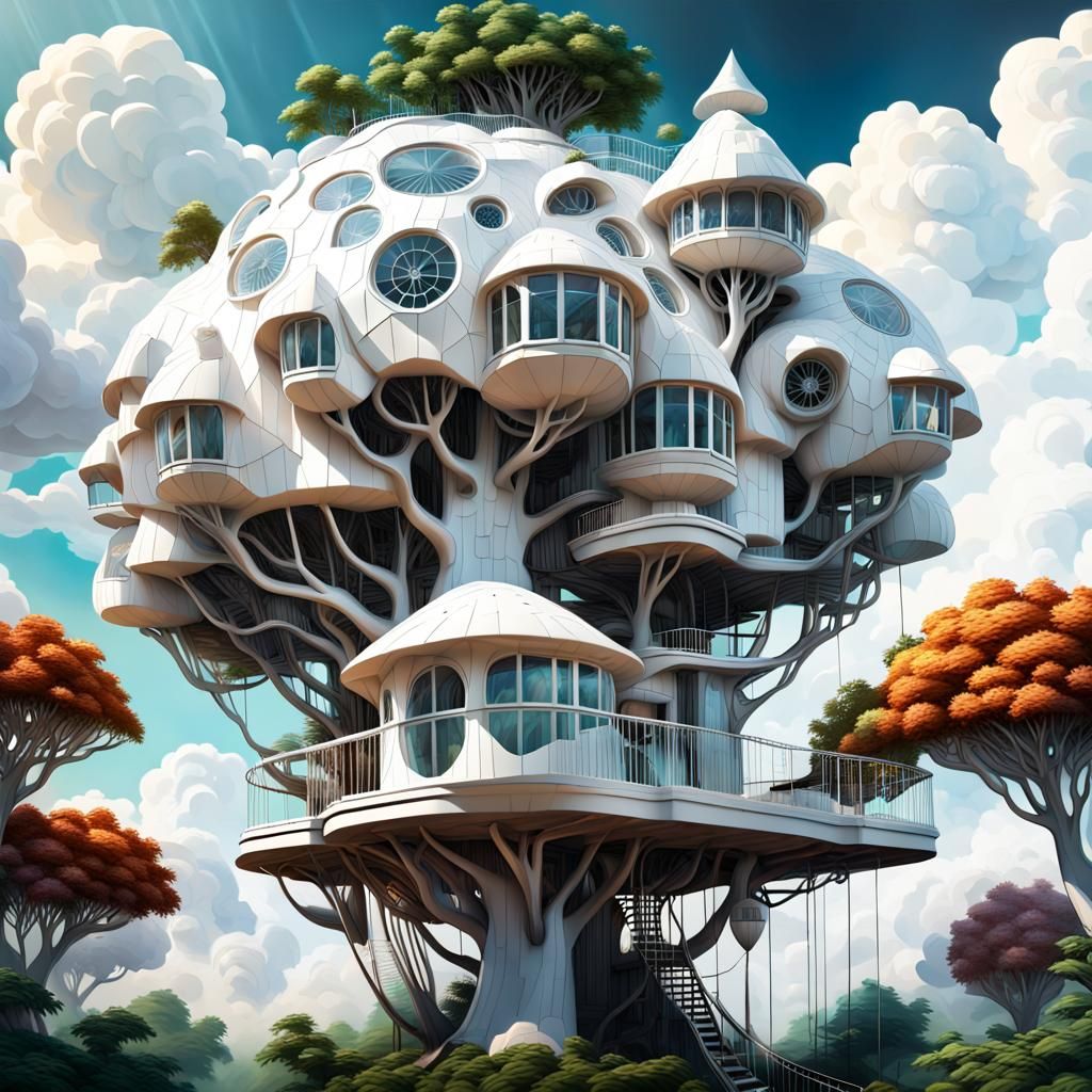 Surreal Art-Deco Treehouse Floating Among Clouds