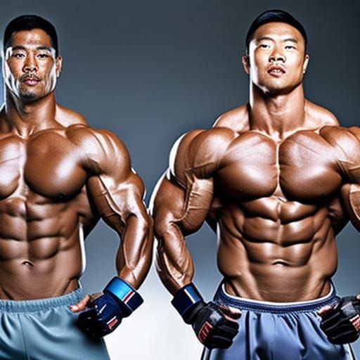 Muscular Asian Bodybuilder Twins: Professional Studio Portra...