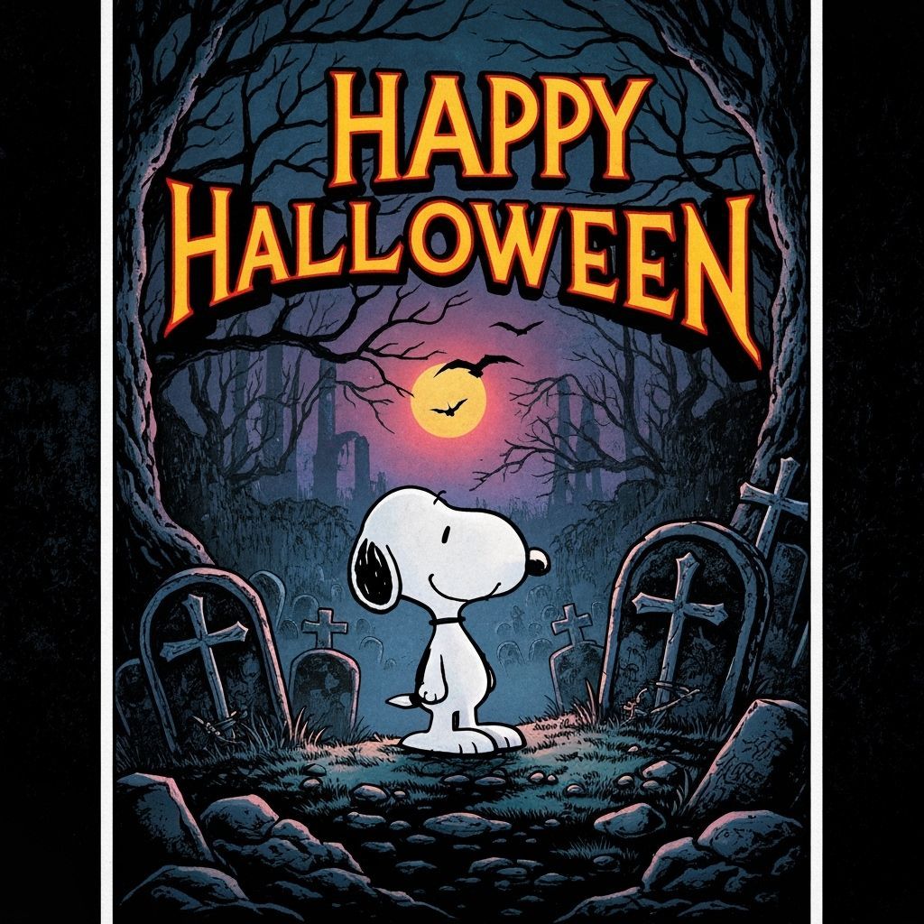 Snoopy in Graveyard on Halloween Comic Style