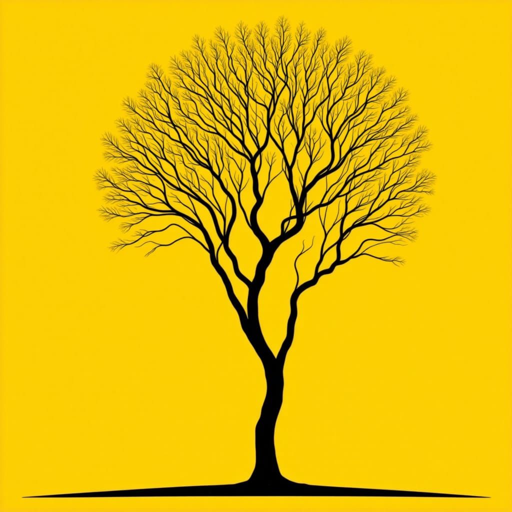 Minimalist Line Art Tree on Yellow Background