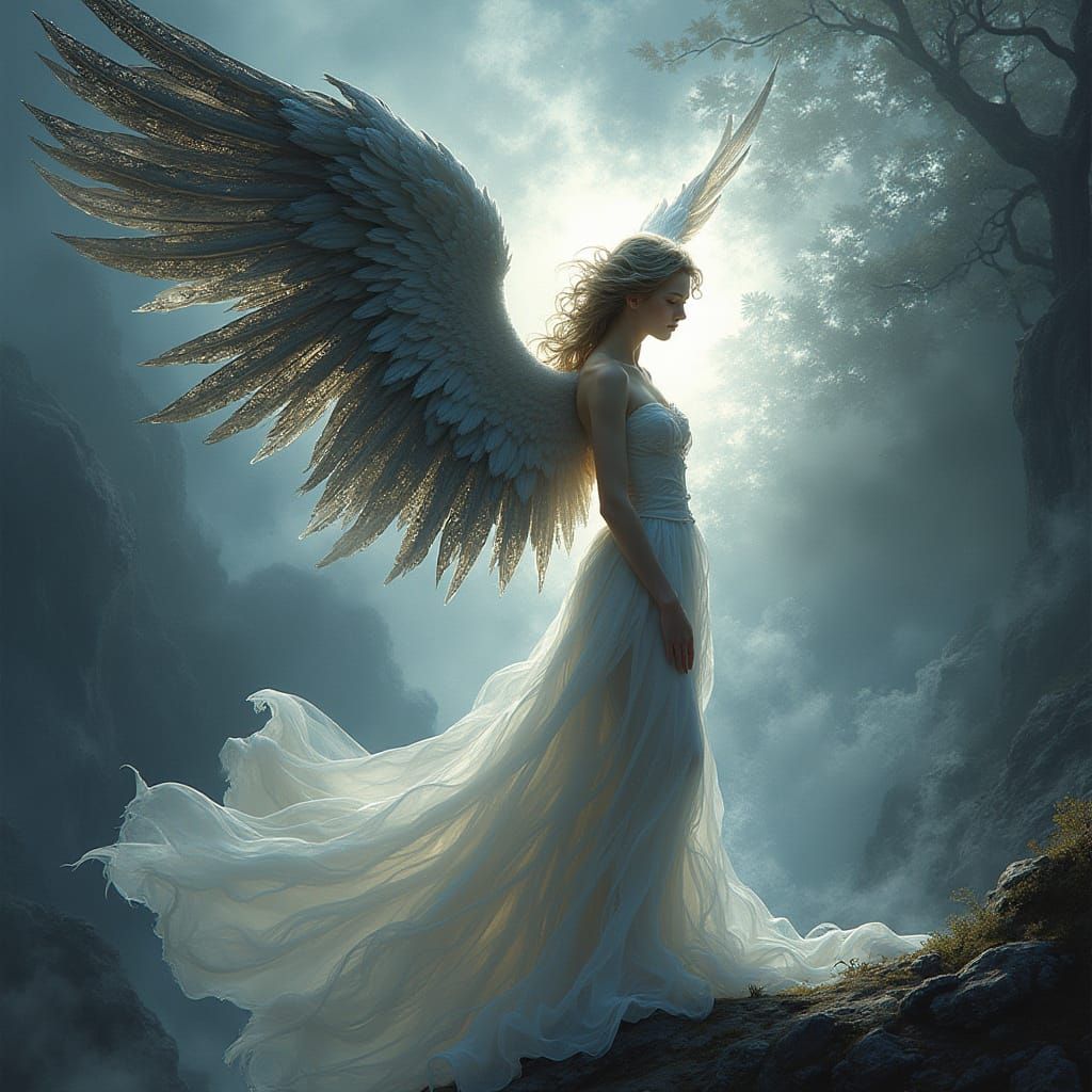 Anime Angel with Fractured Aura in Dark Romanticism Style