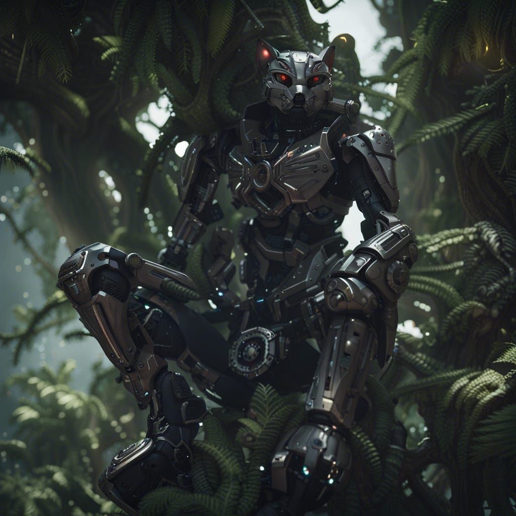 Futuristic Cat Soldier in Alien Jungle, Sci-Fi Art