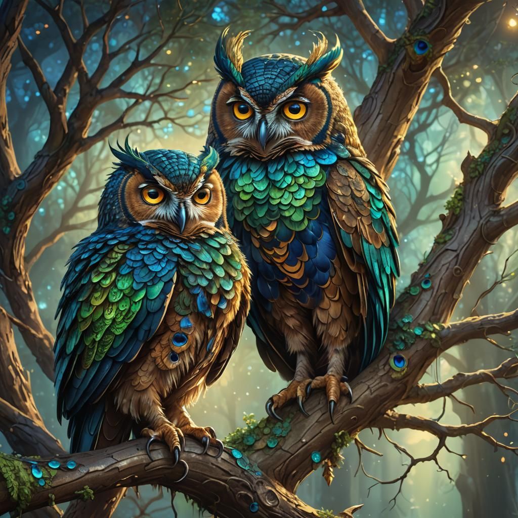Owl and Peacock in Fantasy Style