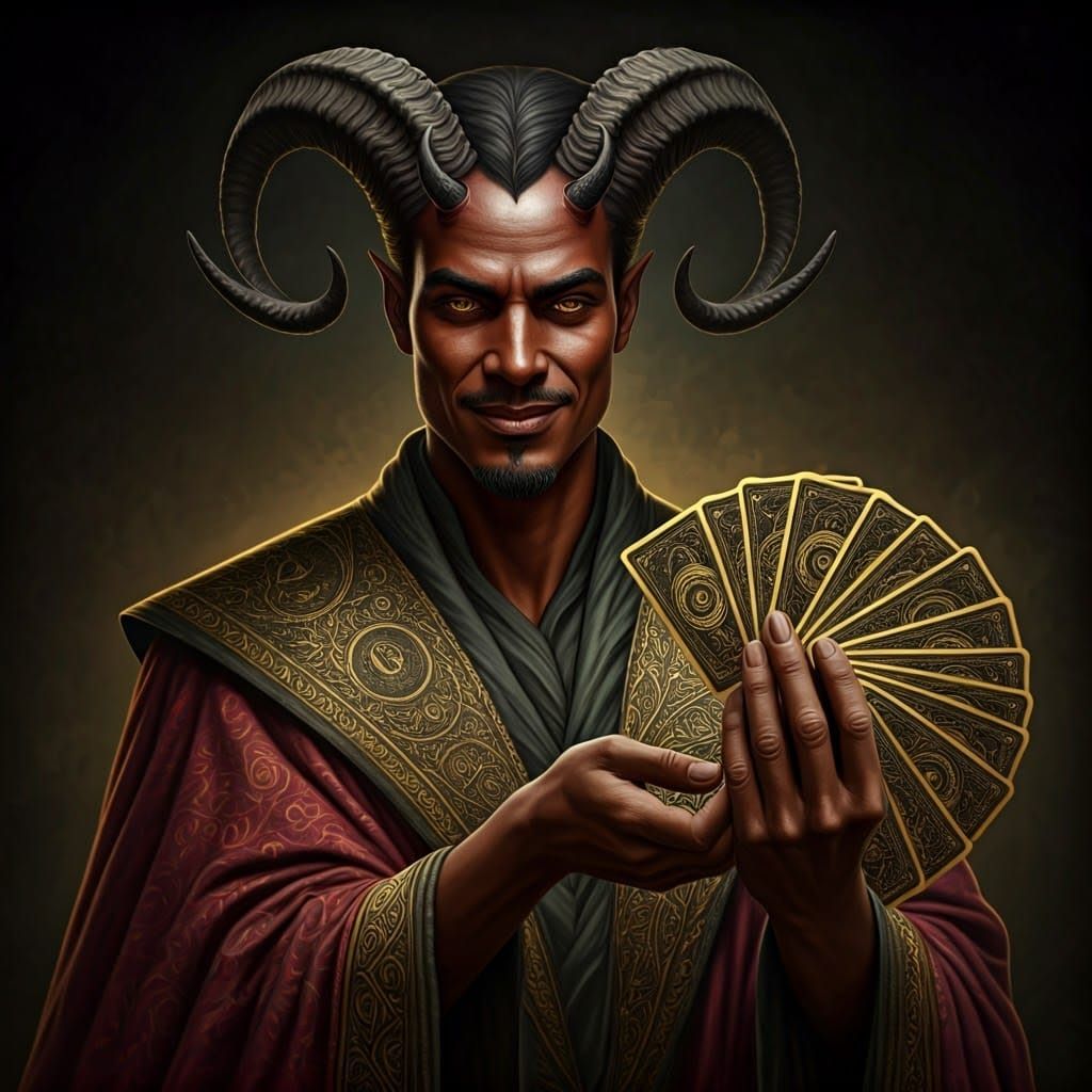 Suave Tiefling Psychic Offers Golden Cards Under Ethereal Gl...