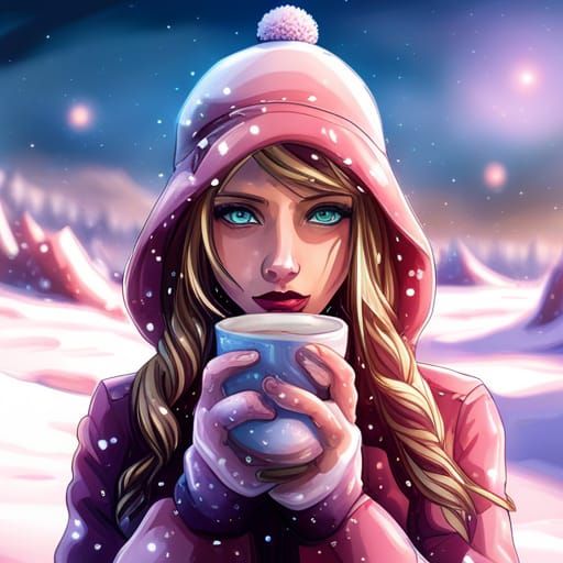 Anime Girl in Winter Scene with Hot Chocolate