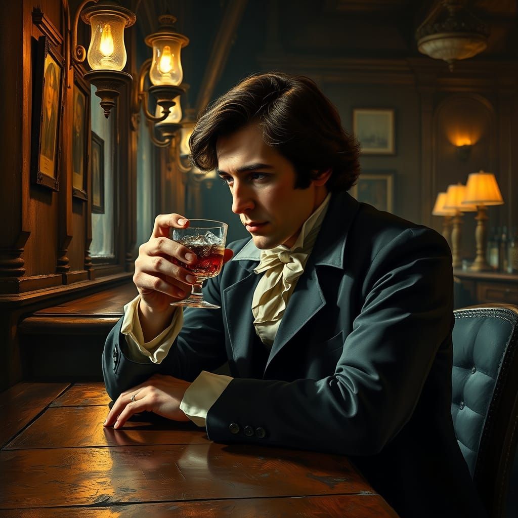 Romantic Composer Sits Alone in a Golden Lit Pub