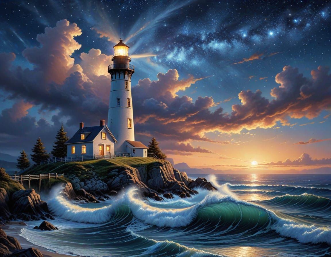 Luminous Lighthouse Under Starry Skies in Hyperrealistic Det...