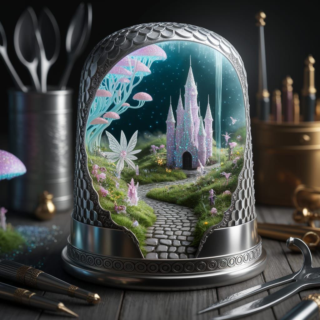Whimsical Fantasy Realm Within an Ornate Thimble