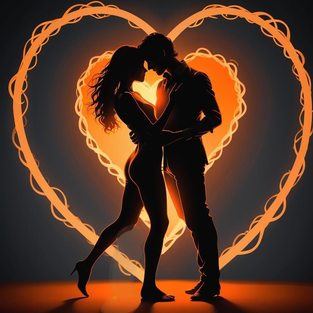 Lovers Embrace in Heart of Orange Light
