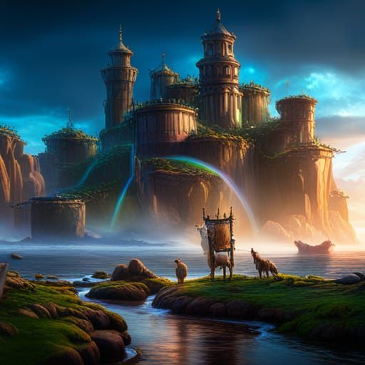 Blue Rainbow Friends in Detailed Fantasy Landscape