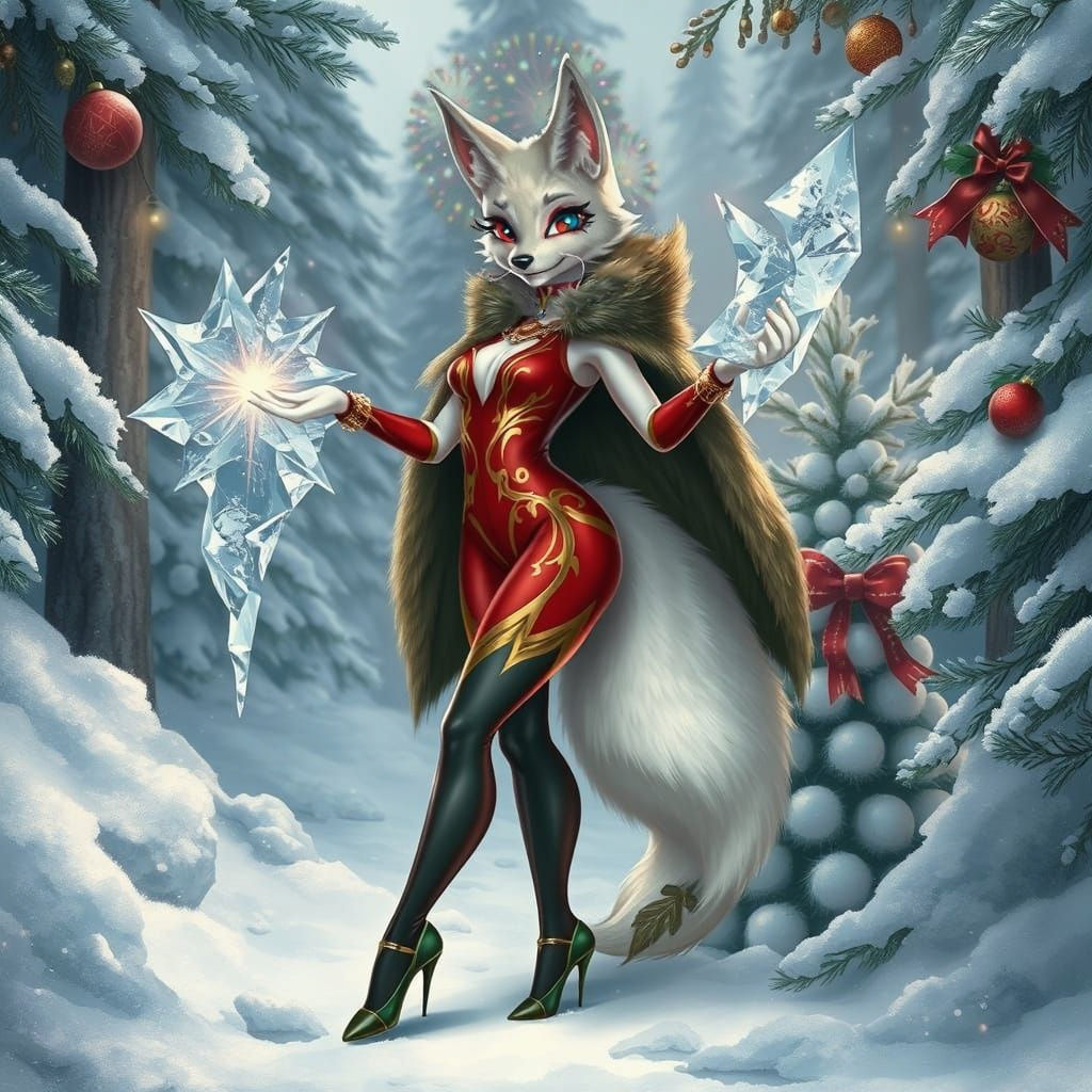Magical Fox Sorceress in Snowy Christmas Forest