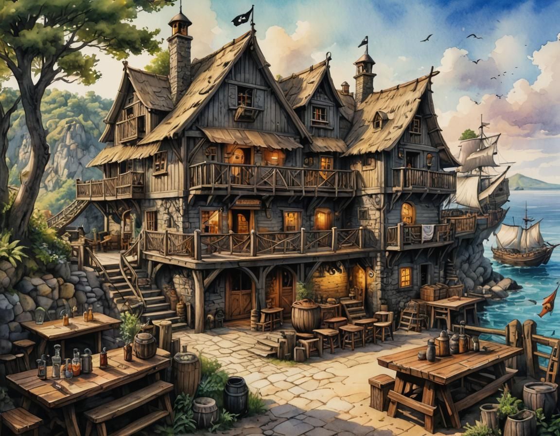 Pirate tavern cozy on the sea coast.