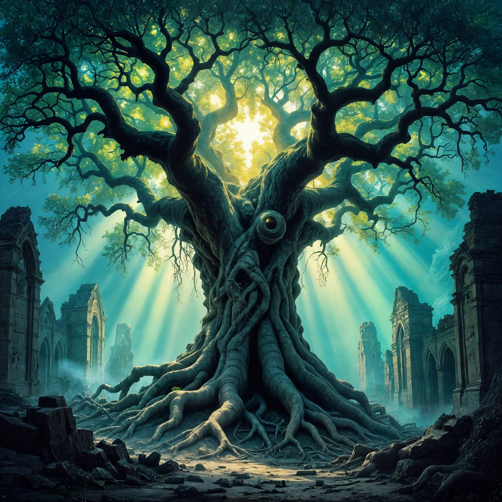 Ancient Tree & Cathedral Ruins with Bioluminescent Leaves