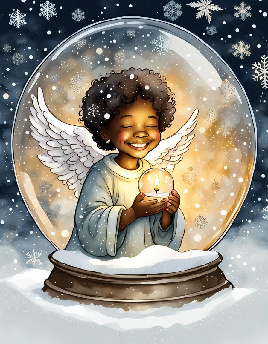 Smiling Angel in Snow Globe, Watercolor Illustration