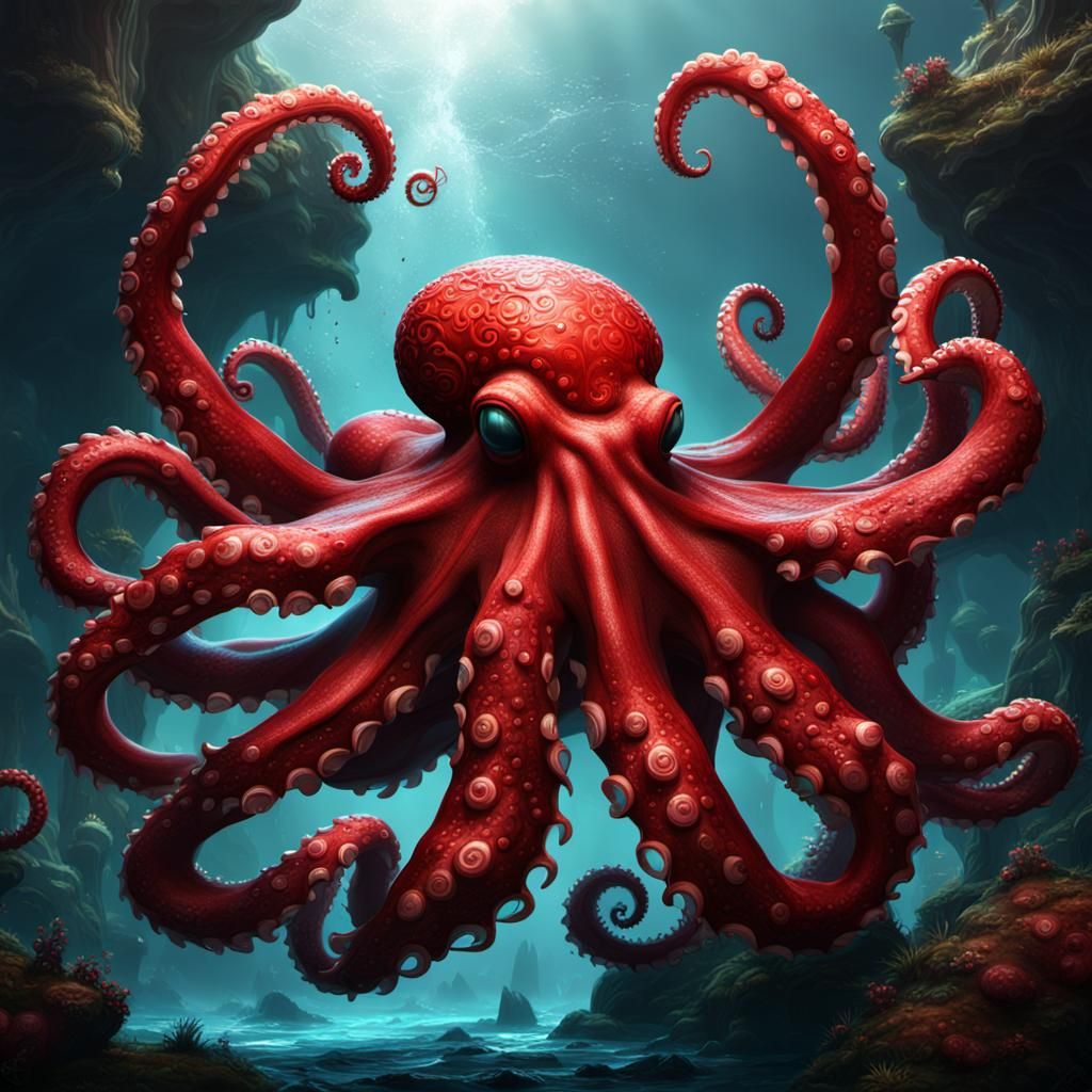 Gigantic Horned Red Octopus: Fantasy Concept Art