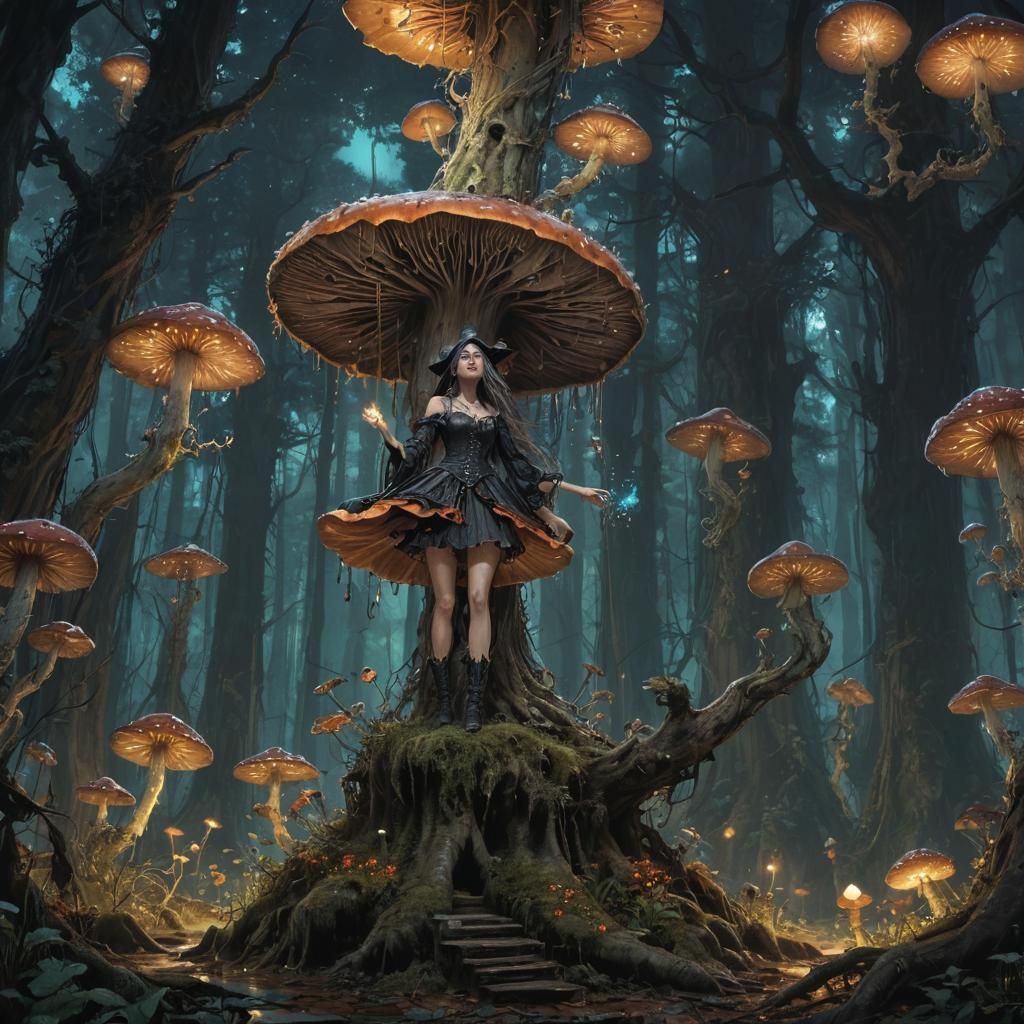 Enchanted Bioluminescent Forest with Witch and Mushroom