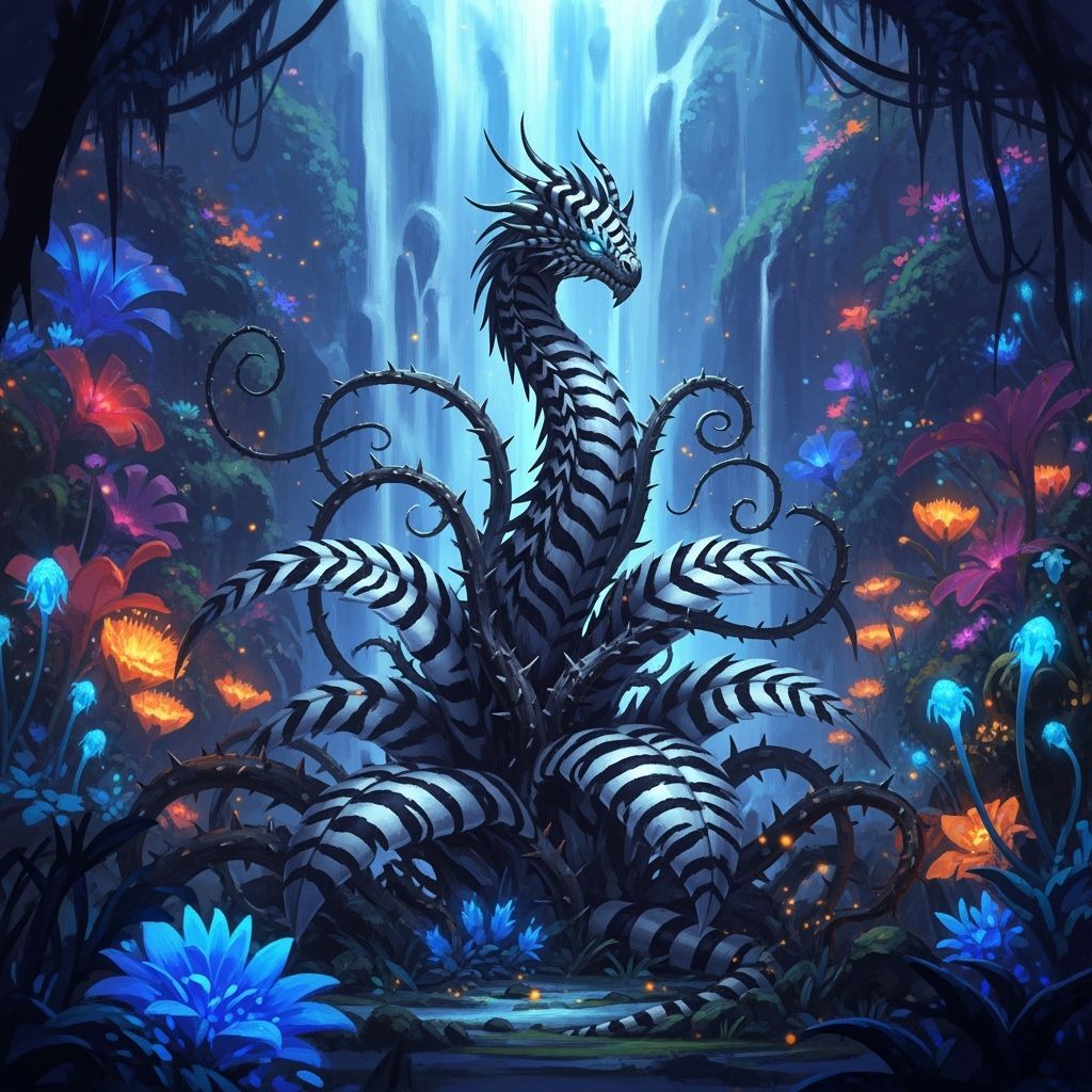Zebra Dragon Plant in Bioluminescent Jungle Matte Painting