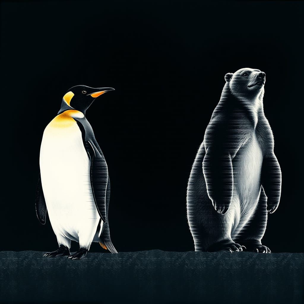 Distorted Penguin and Polar Bear Silhouettes in Glitch Art