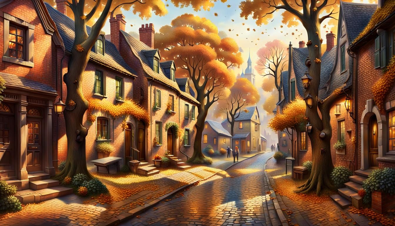 Golden Autumn Street Scene in Hyperrealistic Splash Art