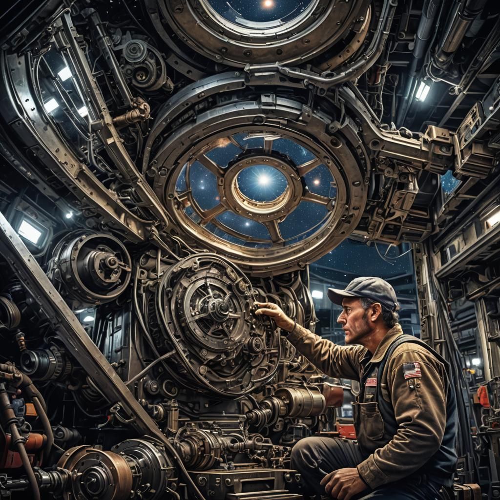 Space Mechanic Repairs Stars in Hyperrealistic Style