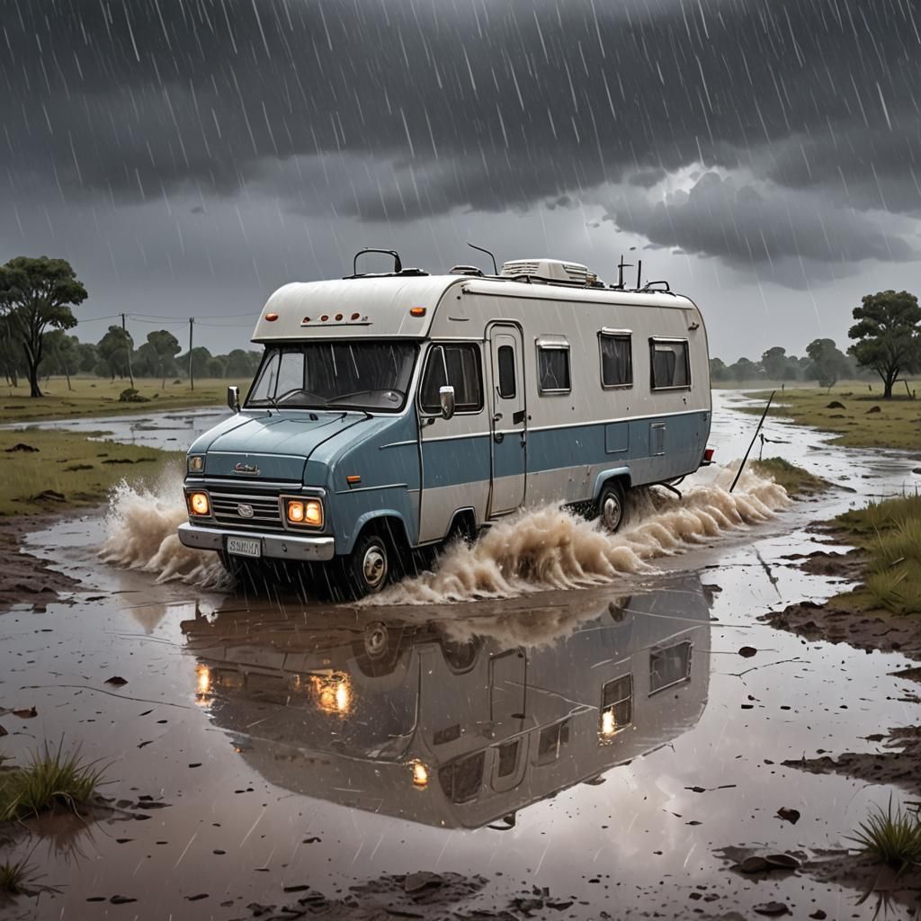 Caravan in Thunderstorm: Cartoon Style Illustration