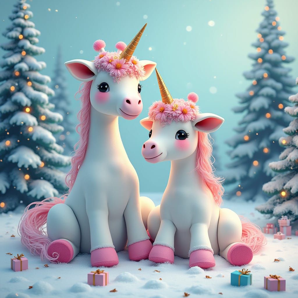 Whimsical Winter Wonderland with Giraffe and Unicorn