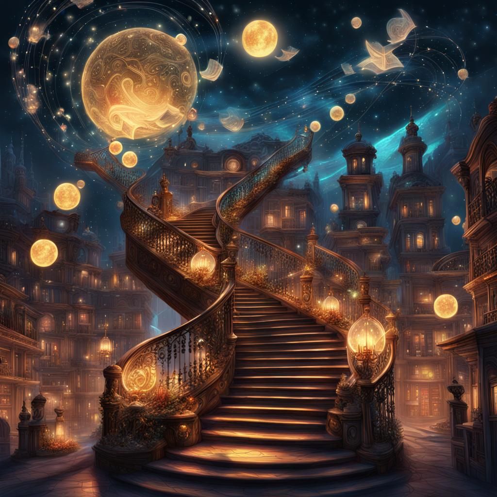 Celestial Staircase to Night Sky with Floating Objects