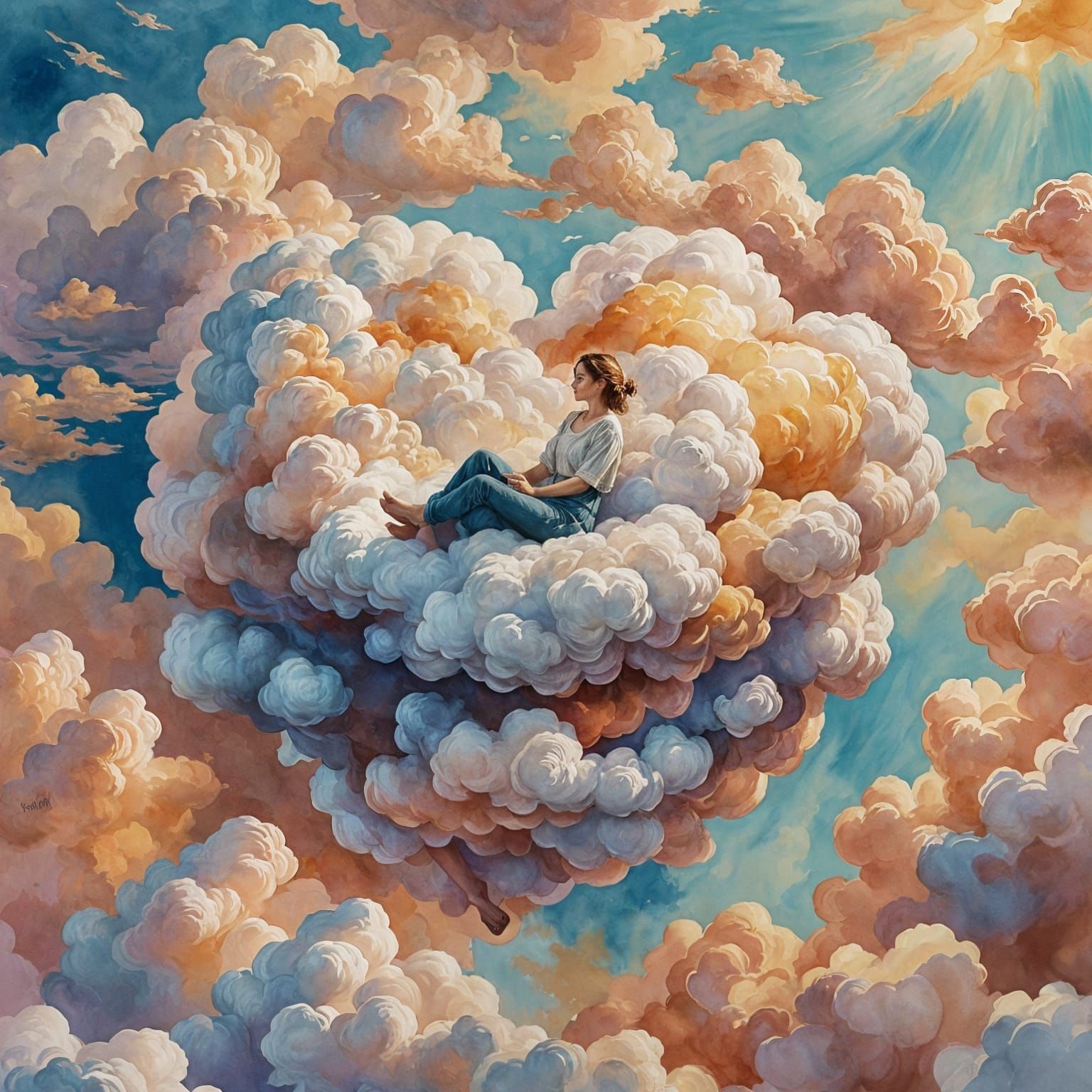 Woman Relaxing on Heart Cloud in Gouache Style