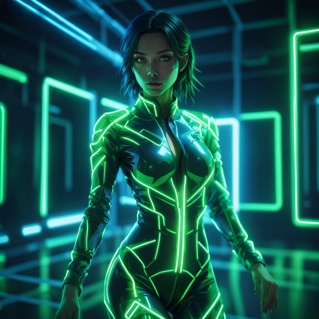 Woman in Neon Suit: Cyberpunk Digital Illustration