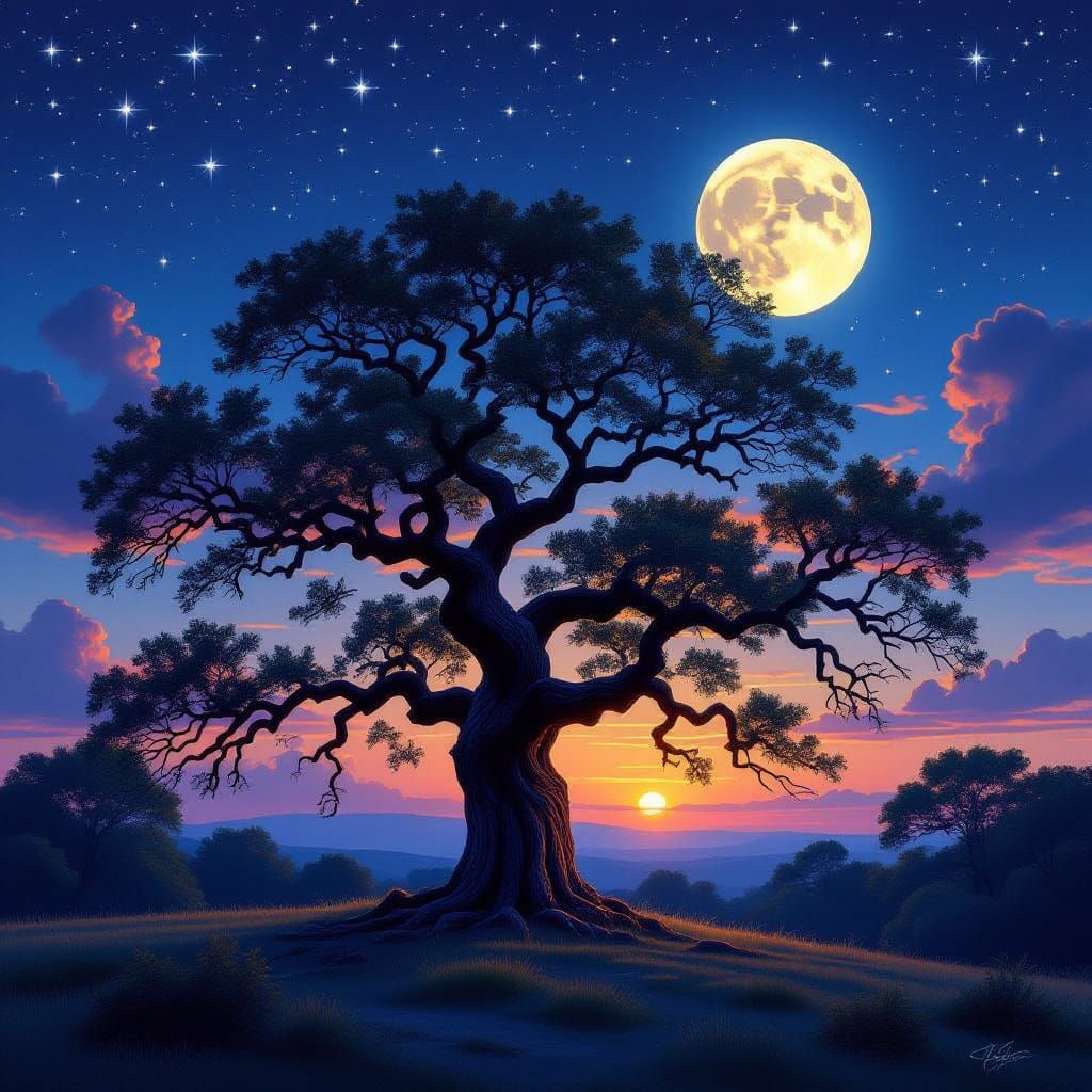 Majestic Oak Tree Under Ethereal Starlight