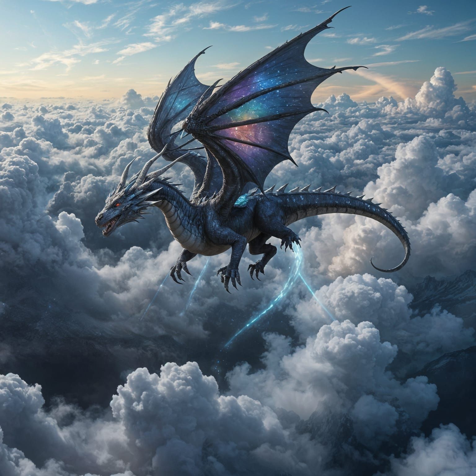 Iridescent Dragon Soaring Through Vortex Clouds