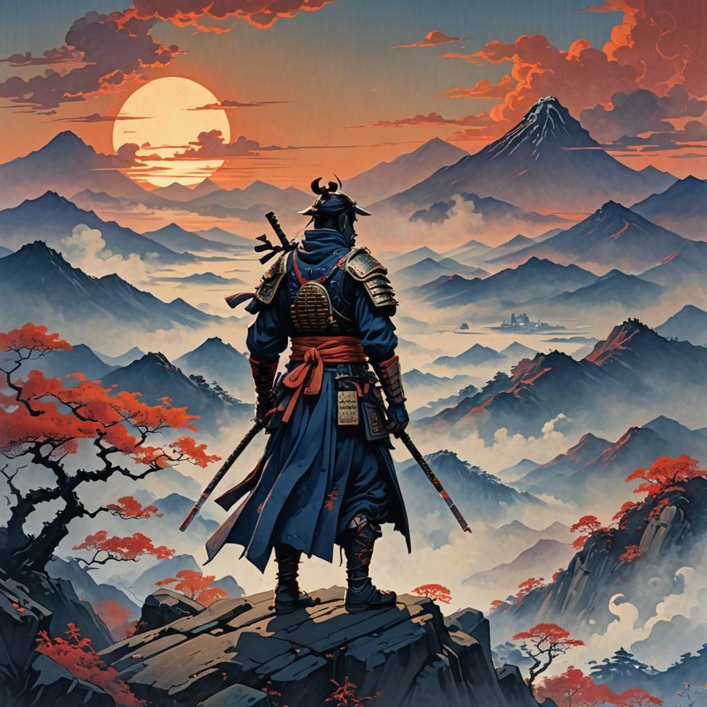 Ronin on Misty Peak: Ukiyo-e Sunset