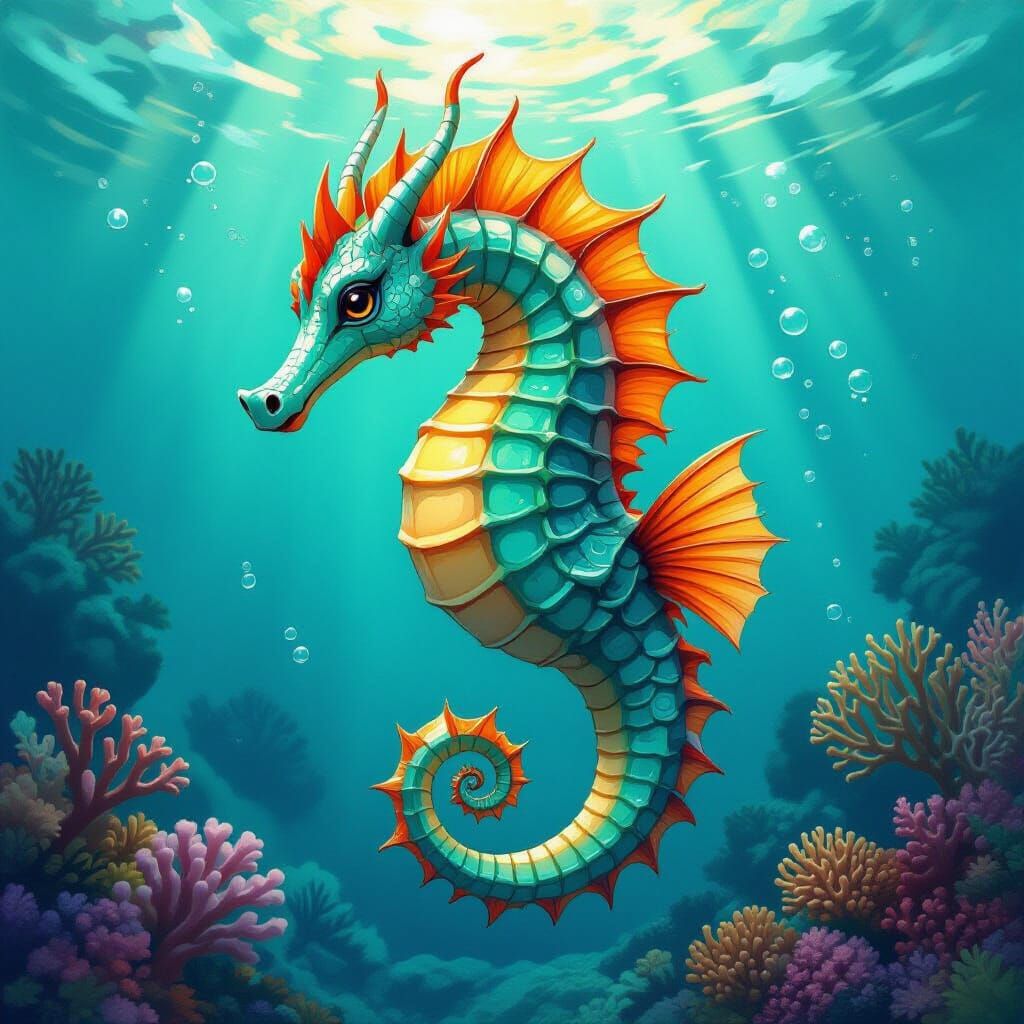 Shimmering Seahorse-Dragon Hybrid in Dreamlike Style